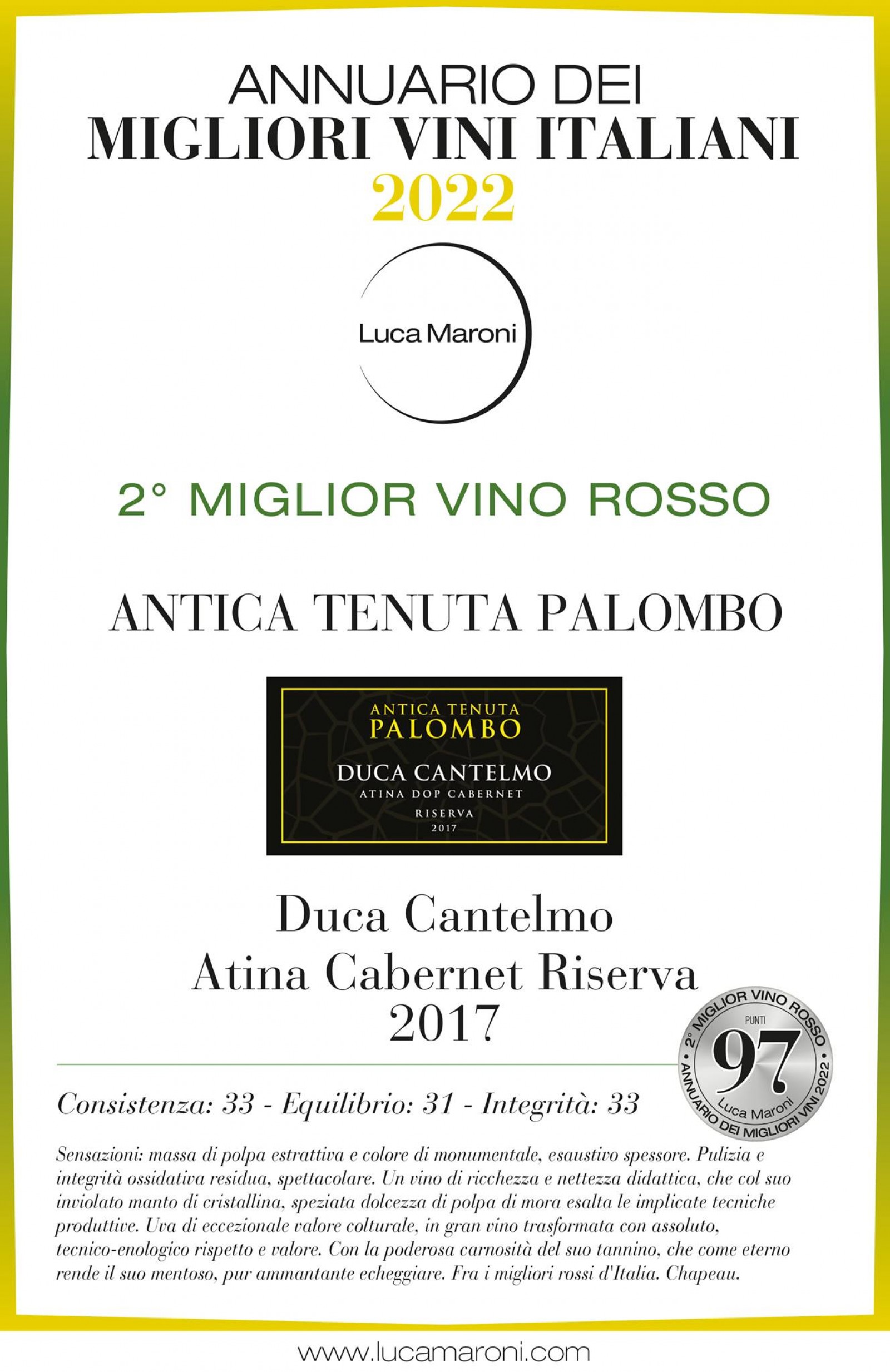 Duca Cantelmo Atina Cabernet Riserva del 2017 2°miglior vino rosso